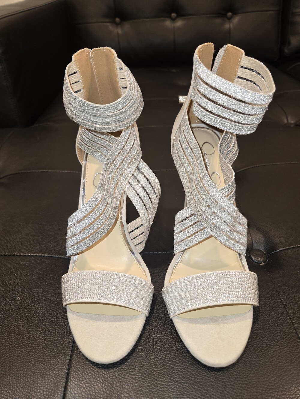 Jrssica Simpson Hrels. Women's Glitter Strappy High Heel Sandals in Silver